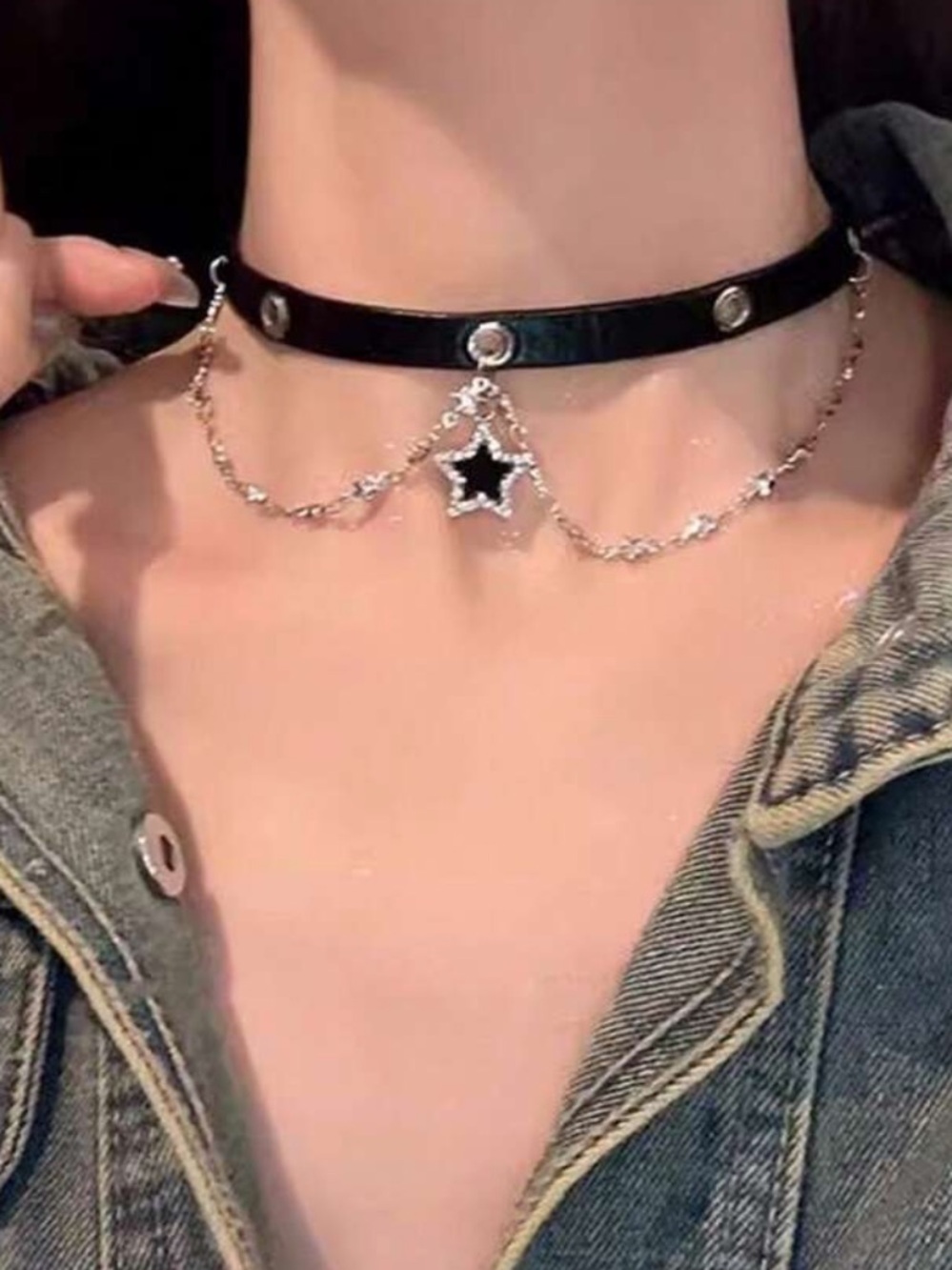 Black and Silver Star Layered Choker Necklace